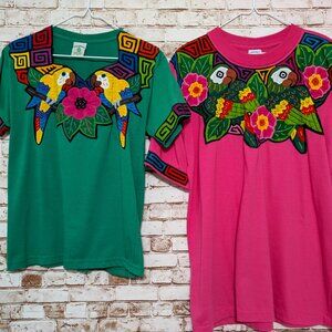 Women's Blouses with Handstitched Parrots on Neckline